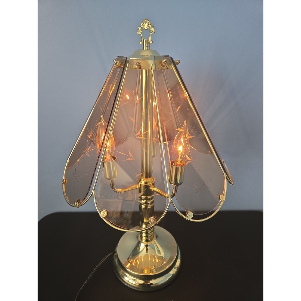Vtg 8 Panel Touch Lamp Light Flowers Etched‎ Smoked Glass Gold Tone Working 22"
